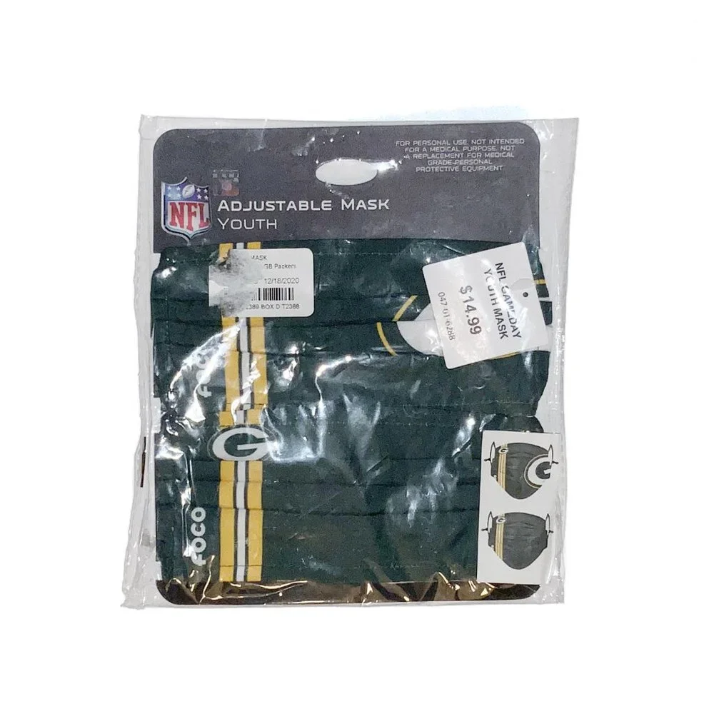 Official NFL Green Bay Packers Youth Face Mask Face Covers, Reusable, 2-Pack